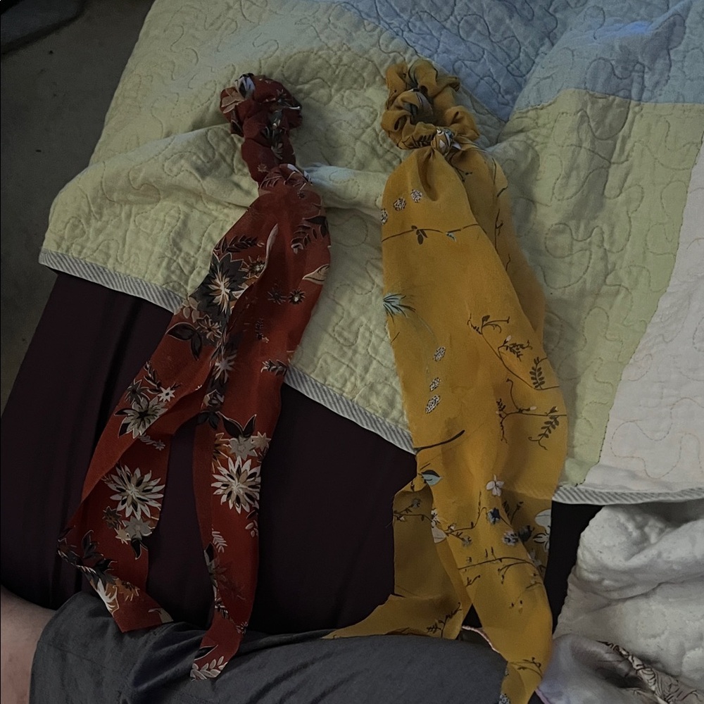 Floral Hair Scrunchies Set - Red and Yellow